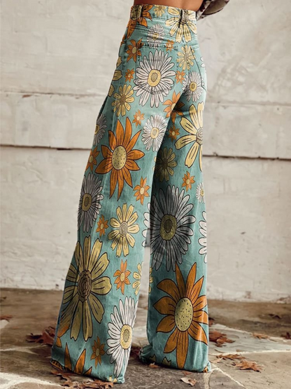 TANIA™ | Vide Bukser med Blomsterprint i Vintage Stil